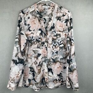 Calvin Klein Wmn Floral Peony Roll Tab Sleeve Utility Cottage Blouse Pink Grey M